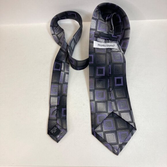 Pronto Uomo Silk Tie Vintage Purple Gray Geometric Square 100% Silk as is - Picture 2 of 7